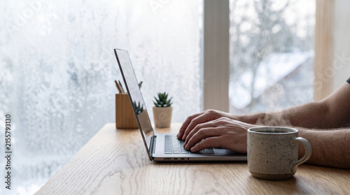 Japandi home office desk with bright winter copy space