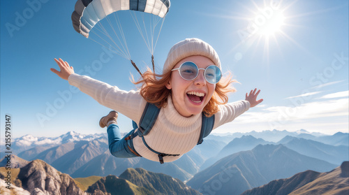Skydiver soaring over mountain range during sunny day. Thrilled woman experiencing free fall with parachute against blue sky background.