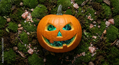 Carved real pumpkin glowing in sustainable moss decor