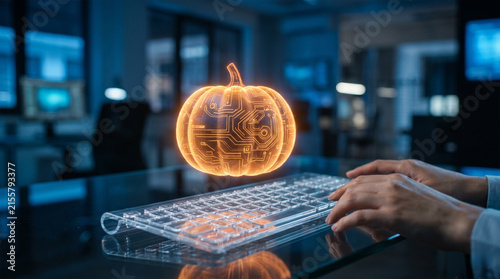 Glowing 3D holographic pumpkin on futuristic desk