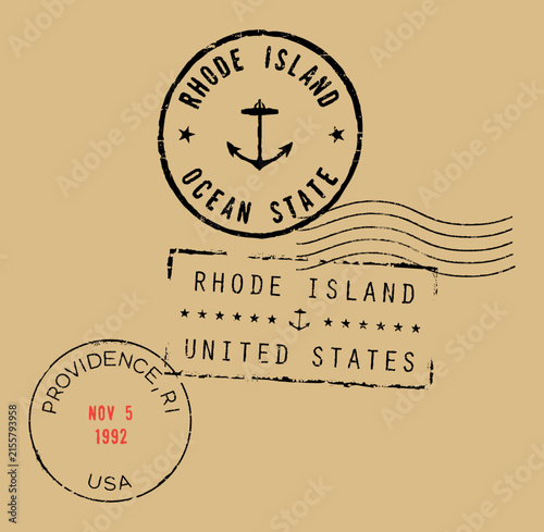 Three Rhode Island postage stamps on khaki background: 'Rhode Island Ocean State', 'Rhode Island United States', and 'Providence, RI, USA'.