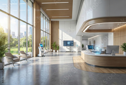 Modern Hospital Reception, Contemporary Medical Entrance With Technology And Greenery