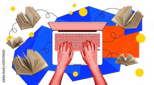 Male hand typing on laptop and studying online, preparing for exams with books and internet in a contemporary art collage.
