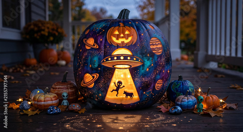 Glowing UFO Abduction Carved Halloween Pumpkin