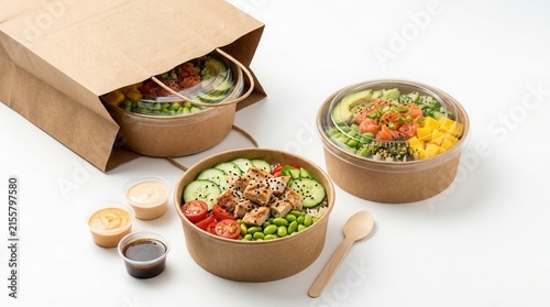 Take out poke bowls with craft bag isolated on white background