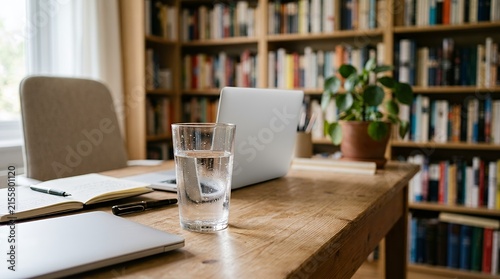A cozy home office setup with a laptop and a glass of water on a wooden desk.