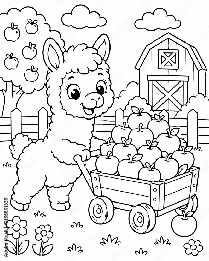 Naklejka premium Cute cartoon llama pushing a wooden cart full of apples on a farm coloring page for kids