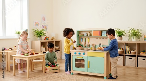 Diverse group of happy children playing together in a bright modern kindergarten classroom.
