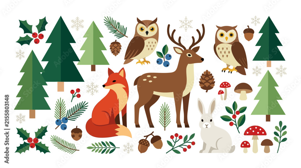 Naklejka premium Winter forest animal and plant vector collection set