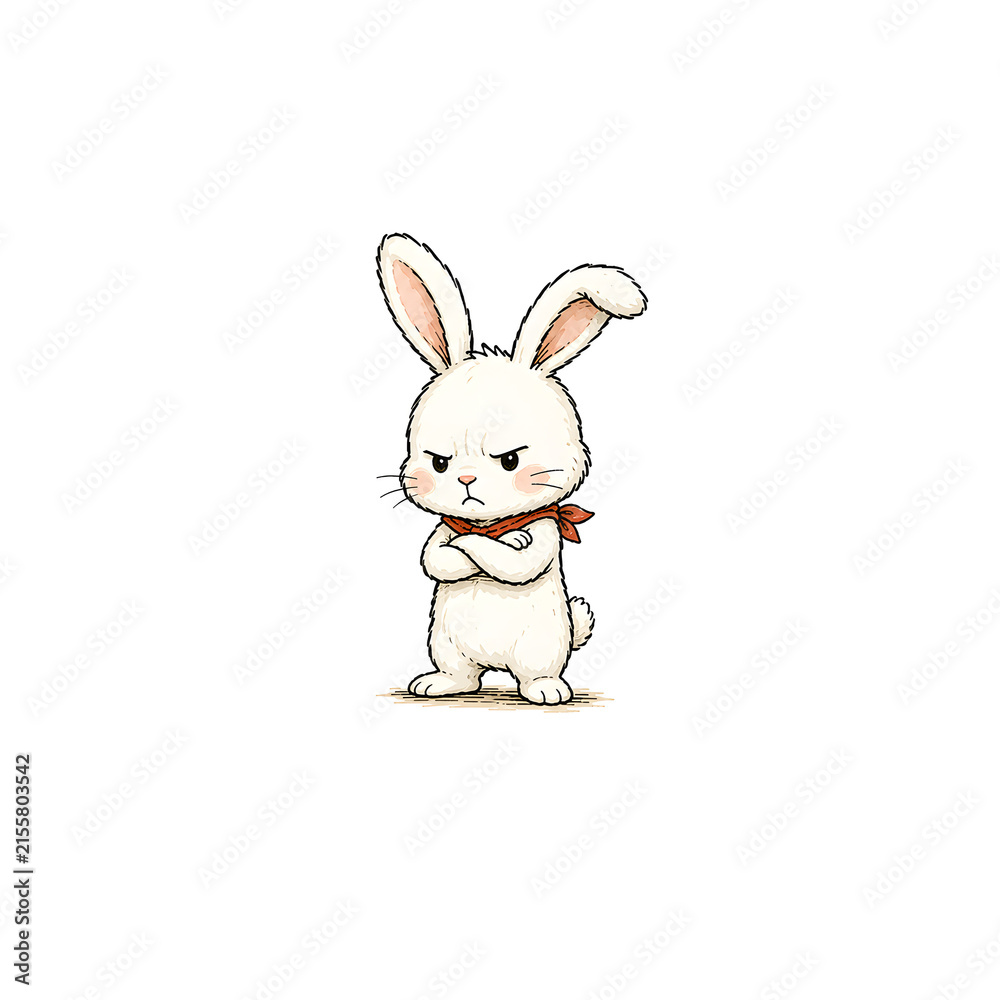 Fototapeta premium Cute and funny illustration of an angry white rabbit with folded arms isolated on white background