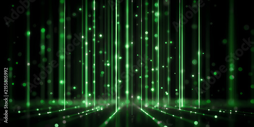 Dynamic abstract background with shimmering green light beams and glowing particles reflecting on a dark, glossy surface, representing data, digital technology, or a futuristic network