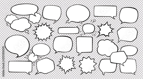 Collection of Hand Drawn Comic Book Speech Bubbles and Thought Balloons in Outline Style Isolated on Transparent Background