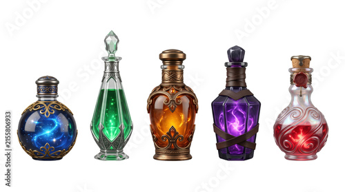 Five magical alchemy potion bottles with glowing colorful liquids isolated on transparent background.