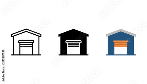 Set of garage icons with closed roller door, simple warehouse building symbols for storage or parking in different styles