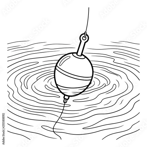 A minimalist black and white line drawing of a fishing bobber floating