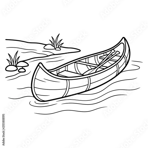 A simple black and white line art drawing of a wooden canoe