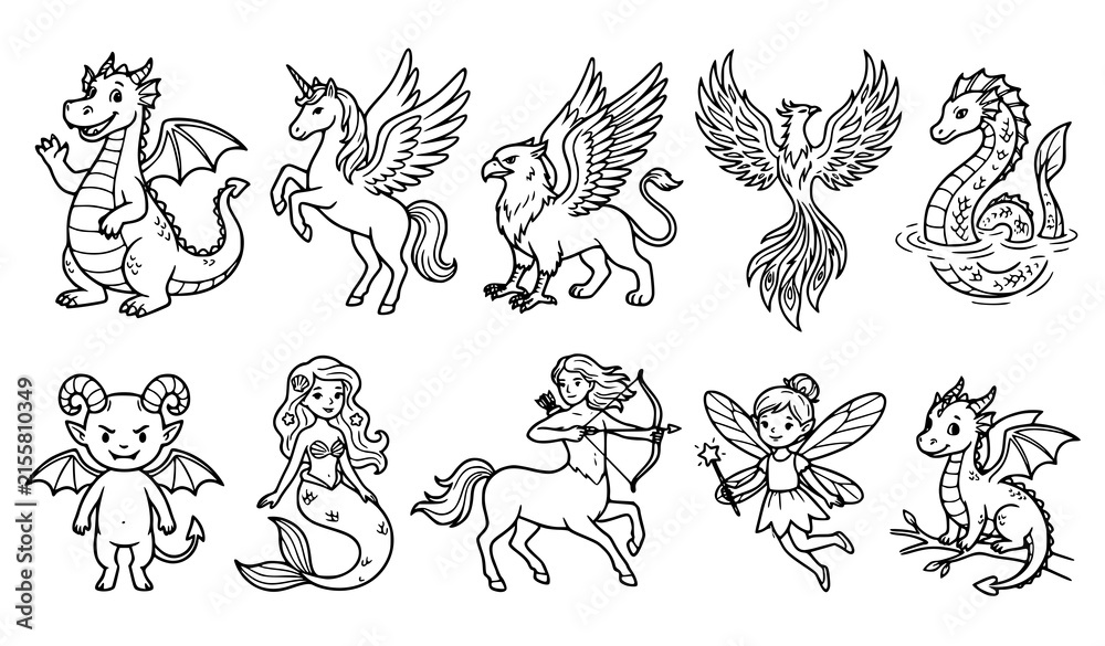 Obraz premium Mythical creatures and fantasy beasts hand drawn outline vector set