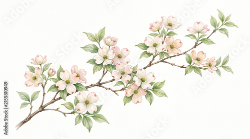 Watercolor Dogwood Branch with Delicate Blossoms and Green Leaves