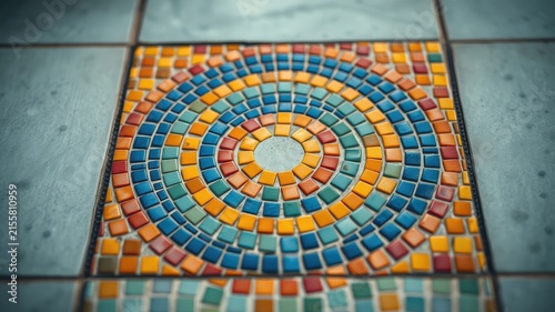 A vibrant circular mosaic tile design composed of colorful square tiles arranged in concentric circles, showcasing a spectrum of colors and a geometric pattern.