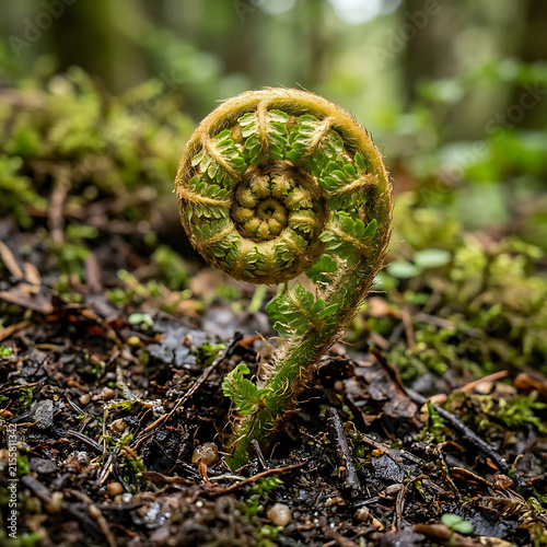 Golden spiral fern fiddlehead growing from forest floor soil with soft sunlight and blurred woodland background.