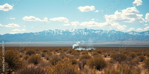 A distant view of snow-capped mountains with wispy smoke rising from a distant object in a vast field of desert plants.