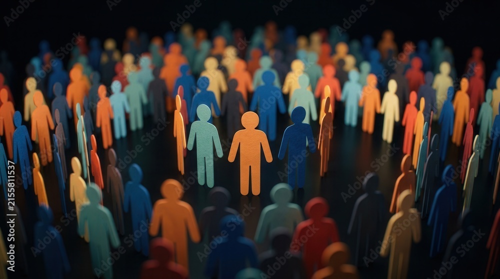 Obraz premium Teamwork, collaboration, unity, and community illustrated by a group of paper people standing in a circle.