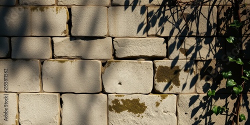 A Close-Up of a Weathered Brick Wall with a Shadowy Vine Growing Along the Right Side