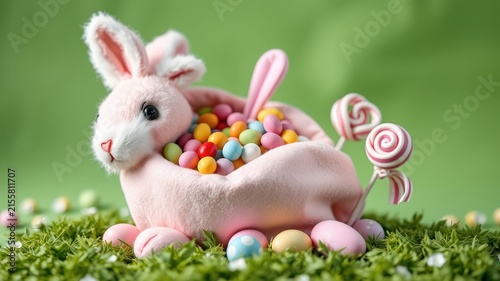Pink plush bunny filled with colorful candy and surrounded by Easter eggs on a bed of green grass.