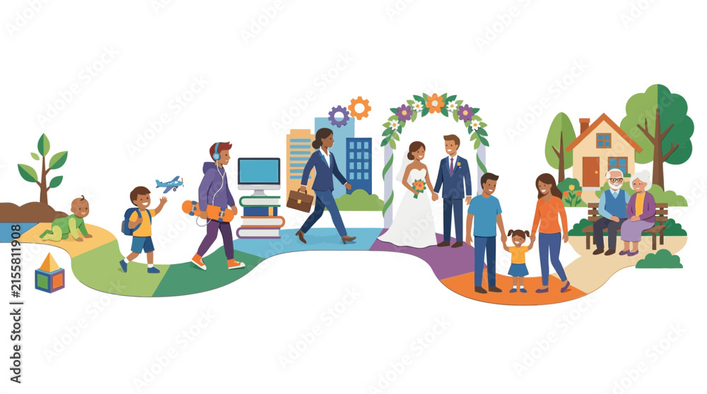 Fototapeta premium Flat vector illustration showing human life cycle stages and milestones