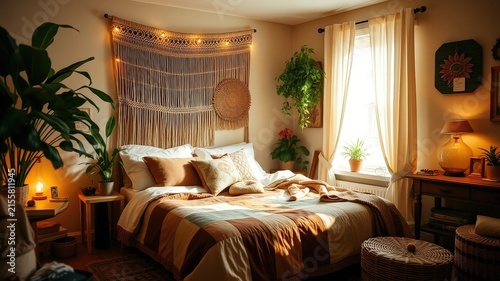A Cozy Bedroom Decorated with Macrame and Plants, Filled with Natural Light and Warm Accents