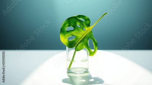 A single green leaf with unique patterns and textures in a clear glass filled with water against a soft blue background with natural light illuminating the scene.