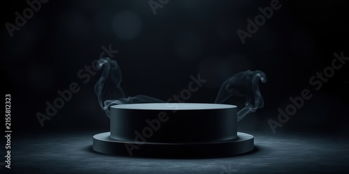A mysterious, empty pedestal shrouded in swirling wisps of smoke, illuminated by an unseen light source.