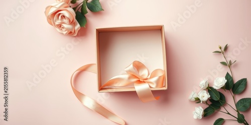 A delicate, pastel pink gift box with a satin ribbon bow, adorned with soft pink and white rose blossoms on a matching background
