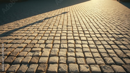 A cobblestone path bathed in golden sunlight, the shadows of passersby stretching long and thin across the stone surface