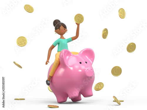 A woman rides a piggy bank with coins flying