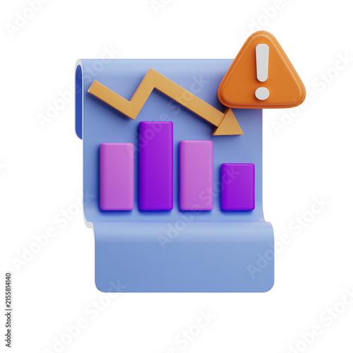 A 3D representation of a bar chart showing a downward trend, accompanied by a warning sign. Ideal for financial or business presentations.