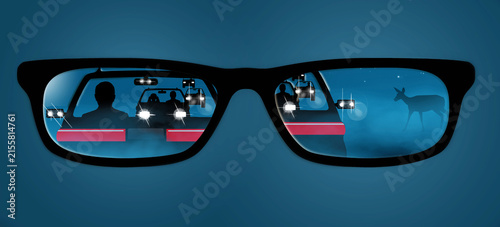 Things look different through eye glasses at night and night driving can become confusing and filled with illusions and this 3-d illustration embraces that theme.