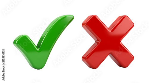 3D Glossy Green Check Mark and Red Cross Mark Icons Isolated on White Background