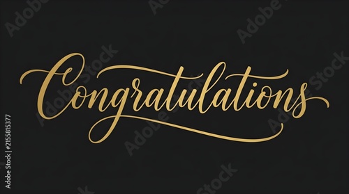 Gold congratulations text on black background. Elegant calligraphy for celebration cards.