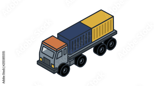Creative Isometric of a Grey Truck Hauling Blue and Yellow Shipping Containers with high quality professional line art symbols for modern creative design and digital branding projects