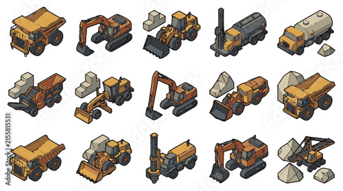 Sleek Collection of Diverse Construction Equipment Illustrated in Earthy Tones and Monochromatic Shades