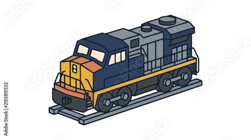 Dynamic Illustrated Diesel Locomotive with Bold Yellow Orange and Blue Color Scheme on Tracks with high quality professional line art symbols for modern creative design and digital branding projects