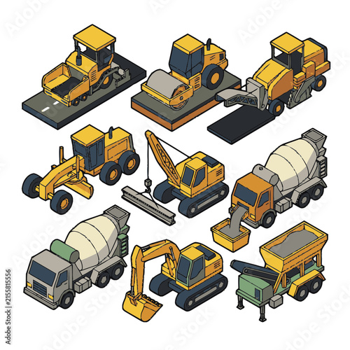 Industrial of Colorful Construction Equipment Set in Isometric View Featuring Excavators Rollers Trucks and Mixers