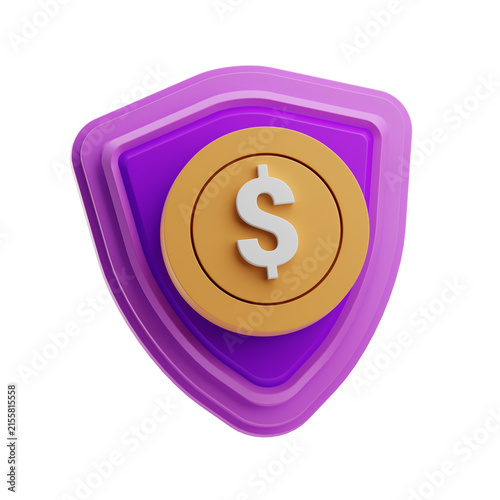 A 3D shield icon featuring a dollar sign, symbolizing financial security and protection. Ideal for finance-related projects or presentations.