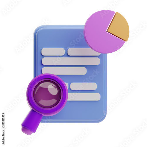 A 3D illustration depicting a document with text, a magnifying glass, and a pie chart, representing data analysis and research.