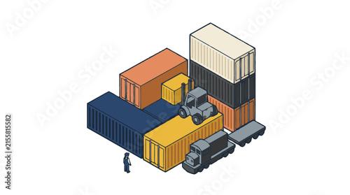 Elegant Isometric of Colorful Shipping Containers Forklift Truck and Worker in Logistics Scene with high quality professional line art symbols for modern creative design and digital branding projects