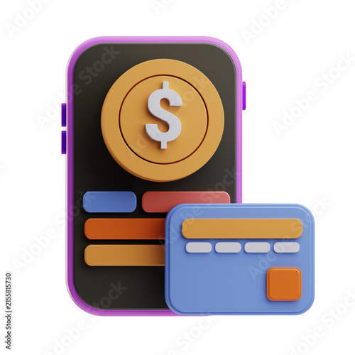 A 3D rendering of a mobile payment interface featuring a coin symbol and a credit card. Ideal for finance and technology applications.