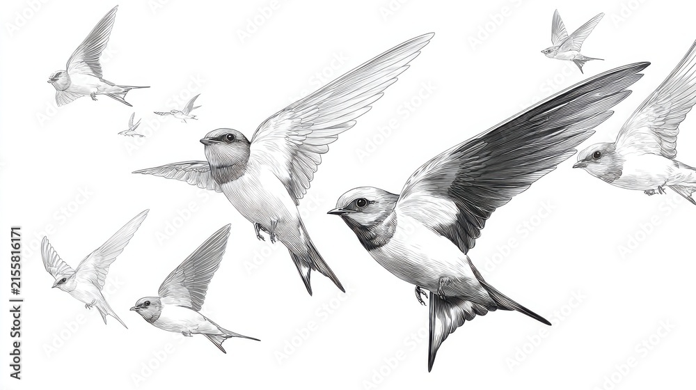 Obraz premium Black and White Sketch of Swallows in Flight Over a White Background