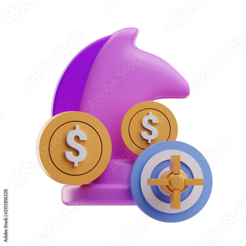 A 3D rendering of a chess knight alongside dollar coins and a target symbol, representing strategy and finance. Ideal for business and financial themes.