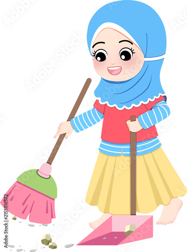 Bild auf Leinwand Cartoon Illustration of a Muslim Girl with Blue Hijab Sweeping Floor Using Broom